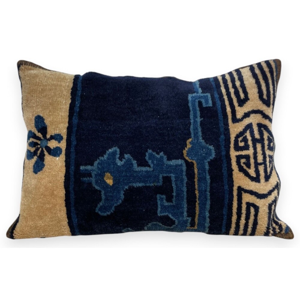 Antique Chinese Rug Fragment Pillow Peking Art Deco Floral Blue Tan 14.5x20